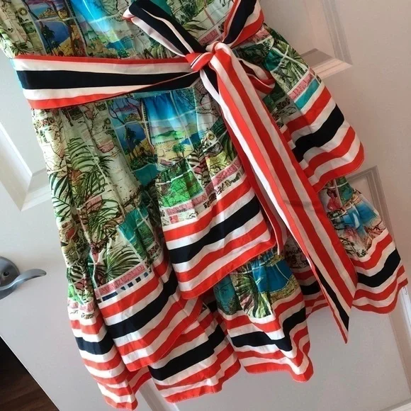 ASOS Off Shoulder Dress In Postcard And Stripe Print - Picture 3 of 16